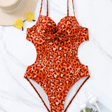 Swim Traje de bano de una pieza con diseno de leopardo, estampado cruzado con soporte y realce, para playa o verano