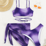 Swim Conjunto de bikini degradado, top de tirantes entrecruzado, braguita estilo hipster y falda para cubrir, traje de bano de 2 piezas