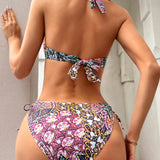 DD+ Conjunto de bikini de verano para playa con estampado completo, tirantes halter y detalle de nudo en la parte frontal con empuje hacia arriba