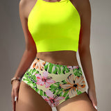 Swim Banador bikini con estampado tropical de talle alto