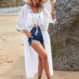 Swim kimono de croche en contraste ribete con fleco