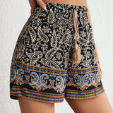 VCAY Shorts con estampado de paisley con fleco de cintura con cordon