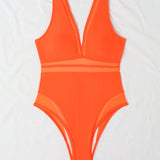 Swim Traje de bano de una pieza con cuello en V de malla de contraste para playa de verano