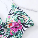 Swim Banador una pieza con estampado tropical con abertura con cordon lateral halter