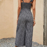 VCAY Ditsy Floral Print Ruffle Trim Belted Wide Leg Jumpsuit