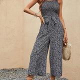 VCAY Ditsy Floral Print Ruffle Trim Belted Wide Leg Jumpsuit