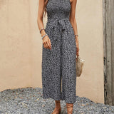 VCAY Ditsy Floral Print Ruffle Trim Belted Wide Leg Jumpsuit