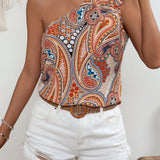 Blusa con estampado de paisley de un hombro con diseno de nudo