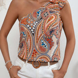 Blusa con estampado de paisley de un hombro con diseno de nudo