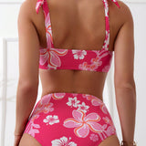 Swim Banador bikini con estampado floral de hombros con cordon