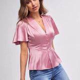 BIZwear Blusa unicolor con boton delantero de Satin ropa de trabajo