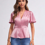 BIZwear Blusa unicolor con boton delantero de Satin ropa de trabajo