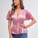 BIZwear Blusa unicolor con boton delantero de Satin ropa de trabajo