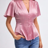 BIZwear Blusa unicolor con boton delantero de Satin ropa de trabajo