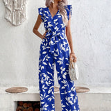 VCAY Allover Print Ruffle Trim Belted Wide Leg Jumpsuit