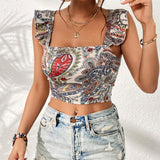 VCAY Top crop con estampado de paisley con tira cruzada de espalda abierta con cordon ribete con fruncido