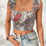 VCAY Top crop con estampado de paisley con tira cruzada de espalda abierta con cordon ribete con fruncido