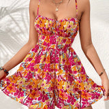 VCAY Allover Floral Print Lace Up Backless Cami Romper