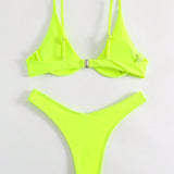 Swim Traje de bano bikini con aro y corte alto en color lima neon para playa de verano