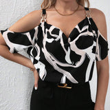 Blusa Allover Print Con Dees De Cadena En El Hombro Descubierto, Top Con Hombros Descubiertos