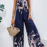 VCAY Plants Print Belted Wide Leg Cami Jumpsuit