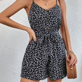 WYWH Ditsy Floral Print Belted Cami Romper