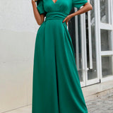 VCAY Plunging Neck Puff Sleeve Wide Leg Jumpsuit