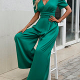 VCAY Plunging Neck Puff Sleeve Wide Leg Jumpsuit
