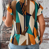 Blusa con estampado geometrico ribete con fruncido de cuello alto de manga mariposa