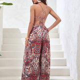 VCAY Paisley Print Lace Up Backless Wide Leg Cami Jumpsuit