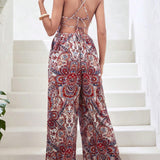 VCAY Paisley Print Lace Up Backless Wide Leg Cami Jumpsuit