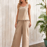 EMERY ROSE unicolor bajo con fleco Top & Pantalones de pierna ancha