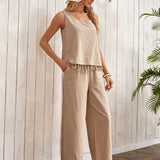 EMERY ROSE unicolor bajo con fleco Top & Pantalones de pierna ancha