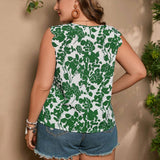 Blusa con estampado floral de cuello con abertura de ojo ribete en abanico