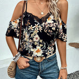 LUNE Blusa con estampado floral de hombros descubiertos con encaje en contraste