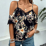 LUNE Blusa con estampado floral de hombros descubiertos con encaje en contraste