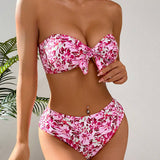 Swim Vcay Banador bikini bandeau con estampado floral con nudo delantero