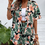 VCAY con estampado tropical de hombros caidos Kimono & Shorts sin top tubo