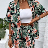 VCAY con estampado tropical de hombros caidos Kimono & Shorts sin top tubo