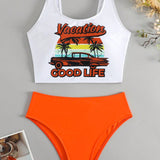 Swim Vcay Conjunto de bikini con tirantes ajustables y estampado grafico de letras de verano tropical para playa, traje de bano