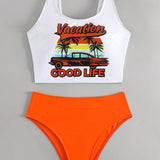 Swim Vcay Conjunto de bikini con tirantes ajustables y estampado grafico de letras de verano tropical para playa, traje de bano