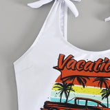 Swim Vcay Conjunto de bikini con tirantes ajustables y estampado grafico de letras de verano tropical para playa, traje de bano