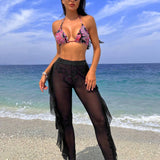 Banador bikini triangulo halter con estampado de paisley con pantalones cover up