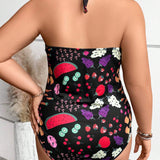 Body con cereza & con estampado de fresa de cuello halter de espalda abierta