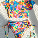 Swim Bañador bikini con estampado tropical con cordón lateral de cuello cisne