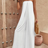 VCAY Solid Tie Back Tube Wide Leg Jumpsuit