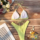 Swim Mod Conjunto de bikini texturizado, sujetador de triangulo halter y parte inferior de tanga con lazo lateral, traje de bano de 2 piezas