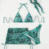 Swim Banador bikini triangulo halter con estampado de paisley con falda de playa