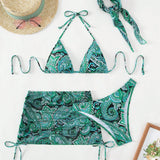 Swim Banador bikini triangulo halter con estampado de paisley con falda de playa
