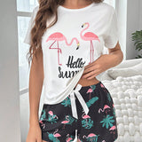 Conjunto de pijama shorts con camiConjuntoa flamenco & con estampado de slogan